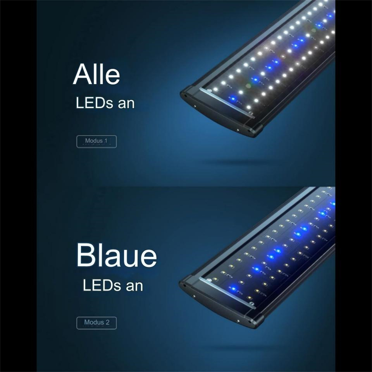 Zwei LED-Lichtleisten mit Text auf Deutsch, blauer Hintergrund.