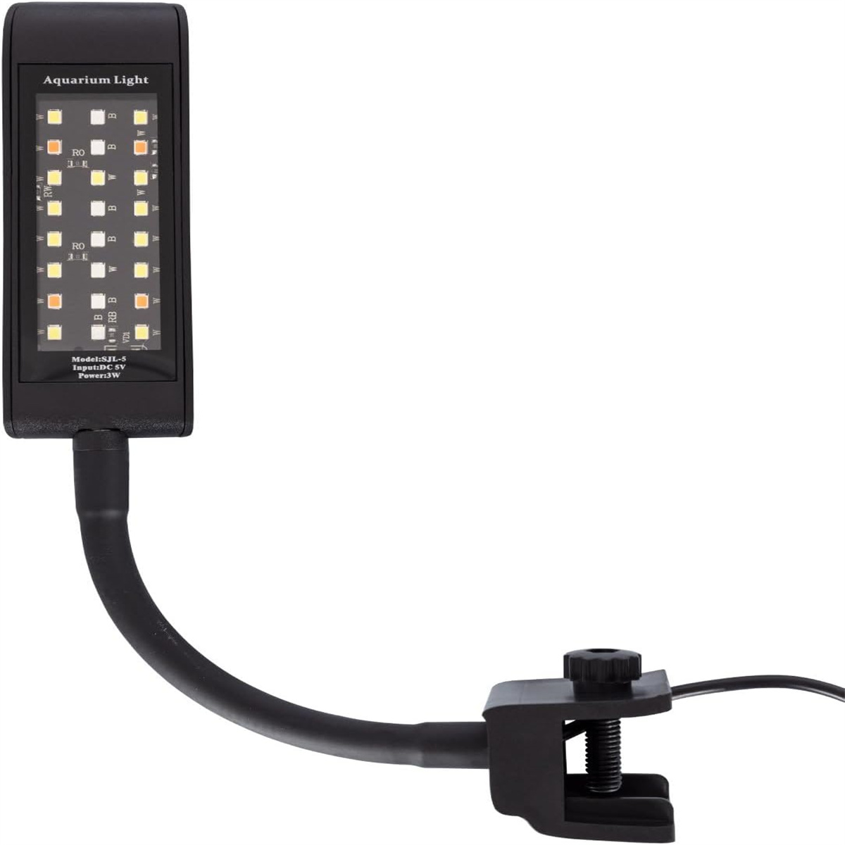 Aquarienlicht mit flexiblem Arm und Klemme zur Befestigung.