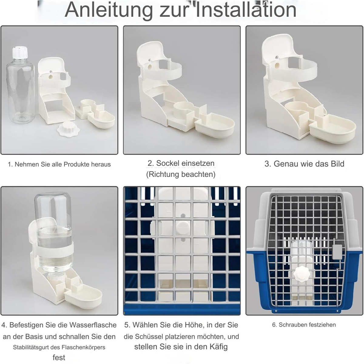 Anleitung zum Zusammenbau eines Haustier-Wasserautomaten. Beinhaltet Bilder der Teile und des Montageprozesses.
