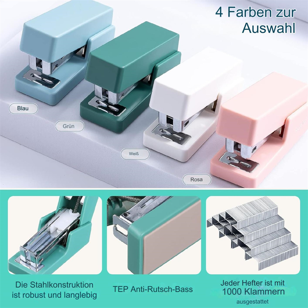 Vier farbige Hefter: blau, grün, weiß und rosa. Details der Hefter werden unten gezeigt.
