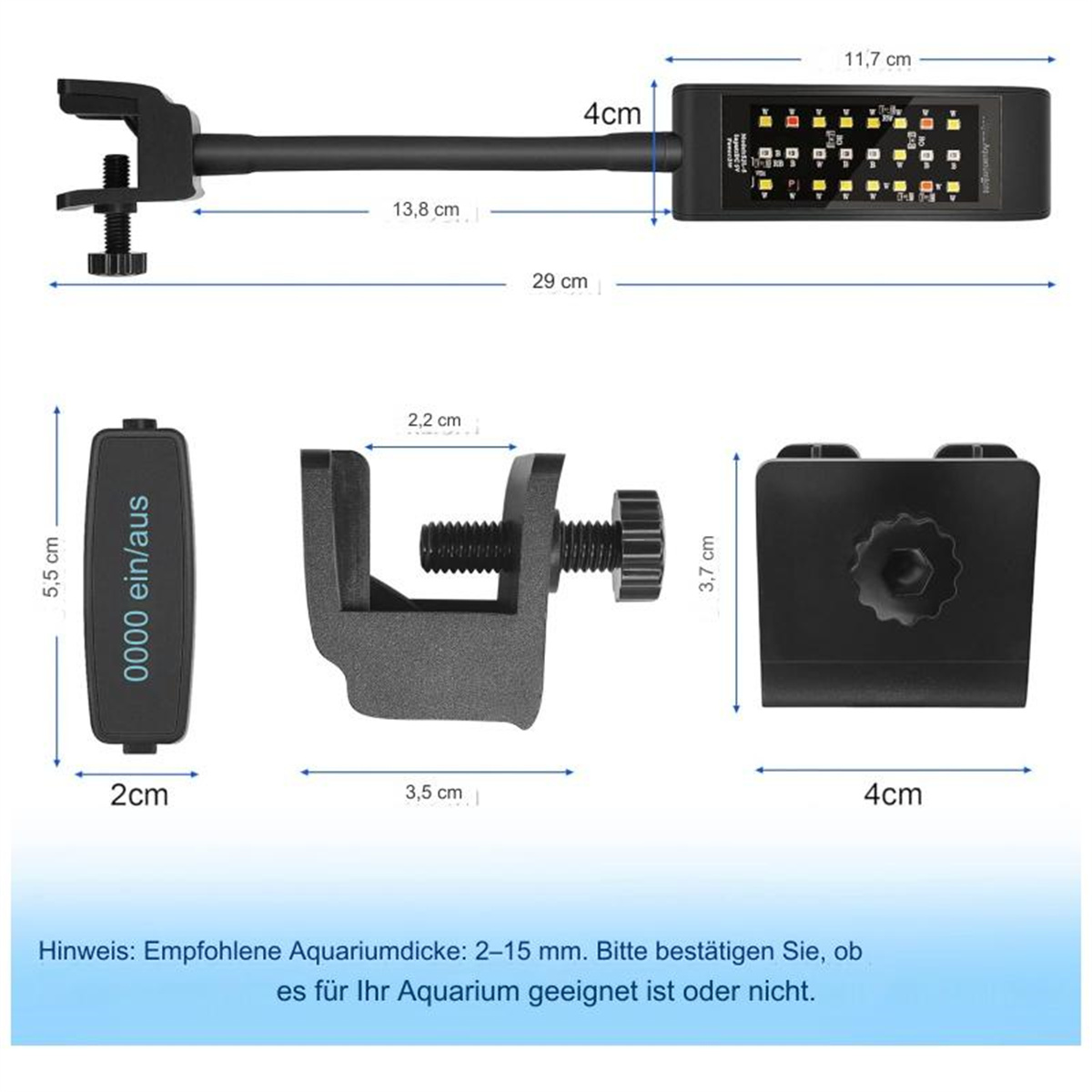 Diagramm mit Abmessungen einer LED-Aquarienleuchte.