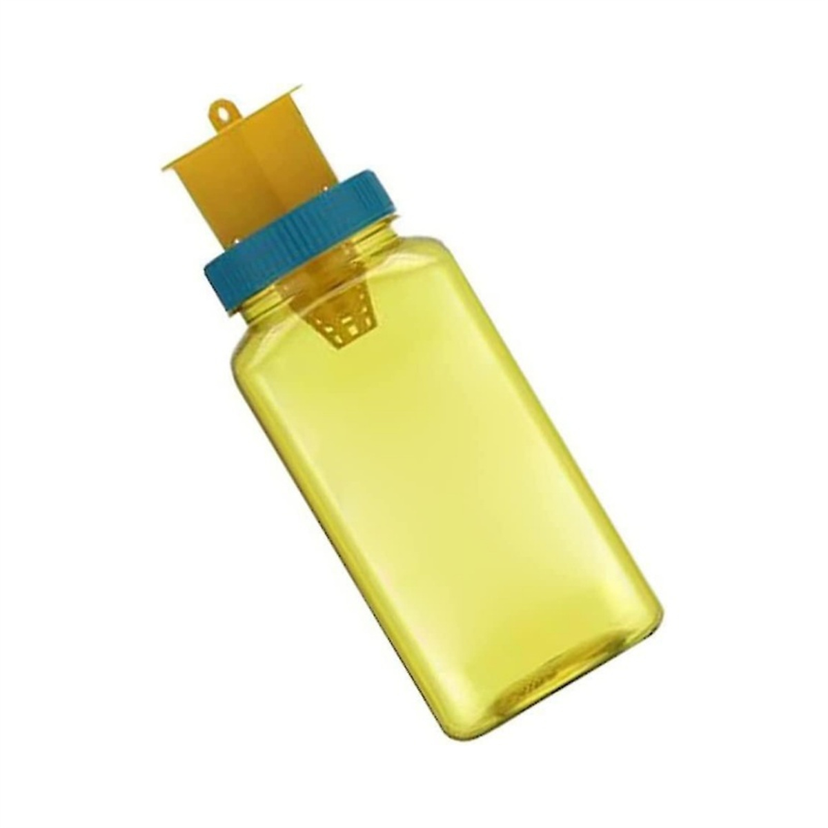 Eine gelbe Flasche mit Deckel und einem gelben Hängegerät. Weißer Hintergrund.