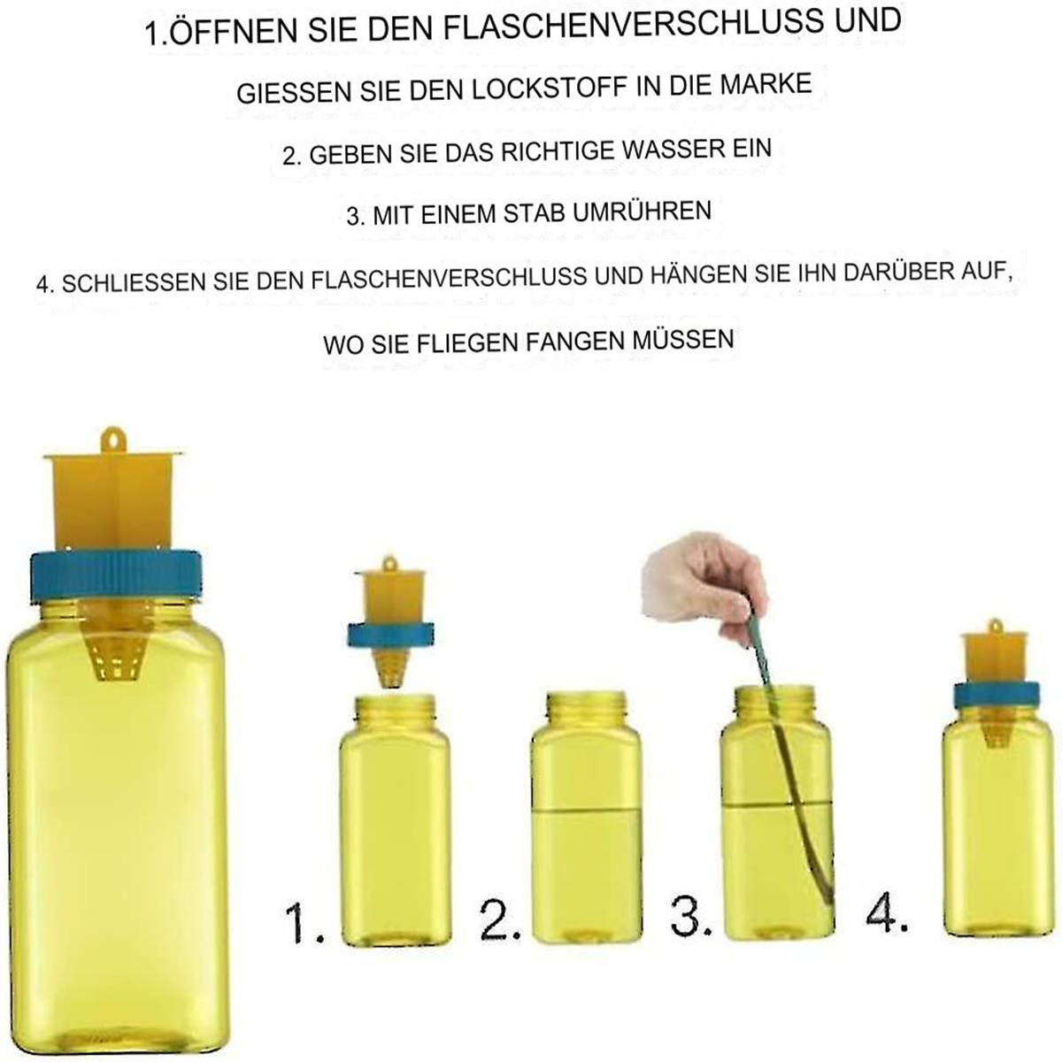 Diagramm, das die Schritte zum Einrichten einer gelben, flaschenförmigen Insektenfalle zeigt.