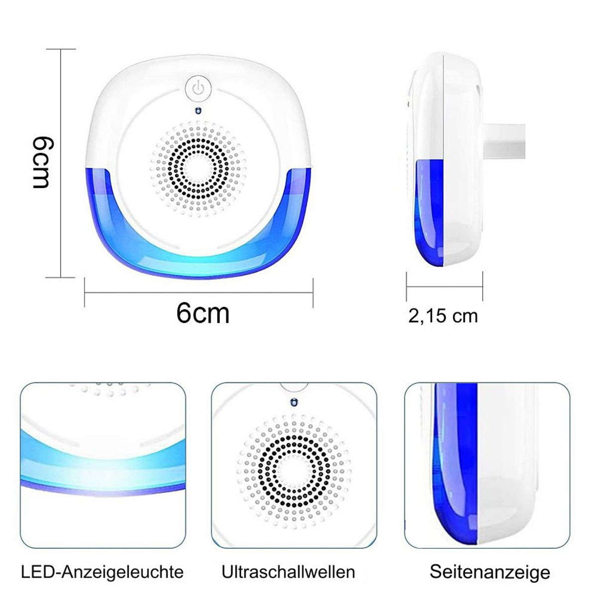 Weißer und blauer Ultraschall-Schädlingsbekämpfer. Die Maße betragen 6 cm x 6 cm x 2,15 cm. Mit LED-Anzeige und Seitenanzeige.