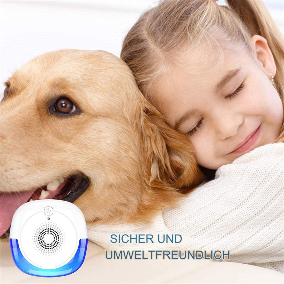 Ein Mädchen umarmt einen Hund, im Vordergrund ein kleines weißes Schädlingsabwehrgerät.