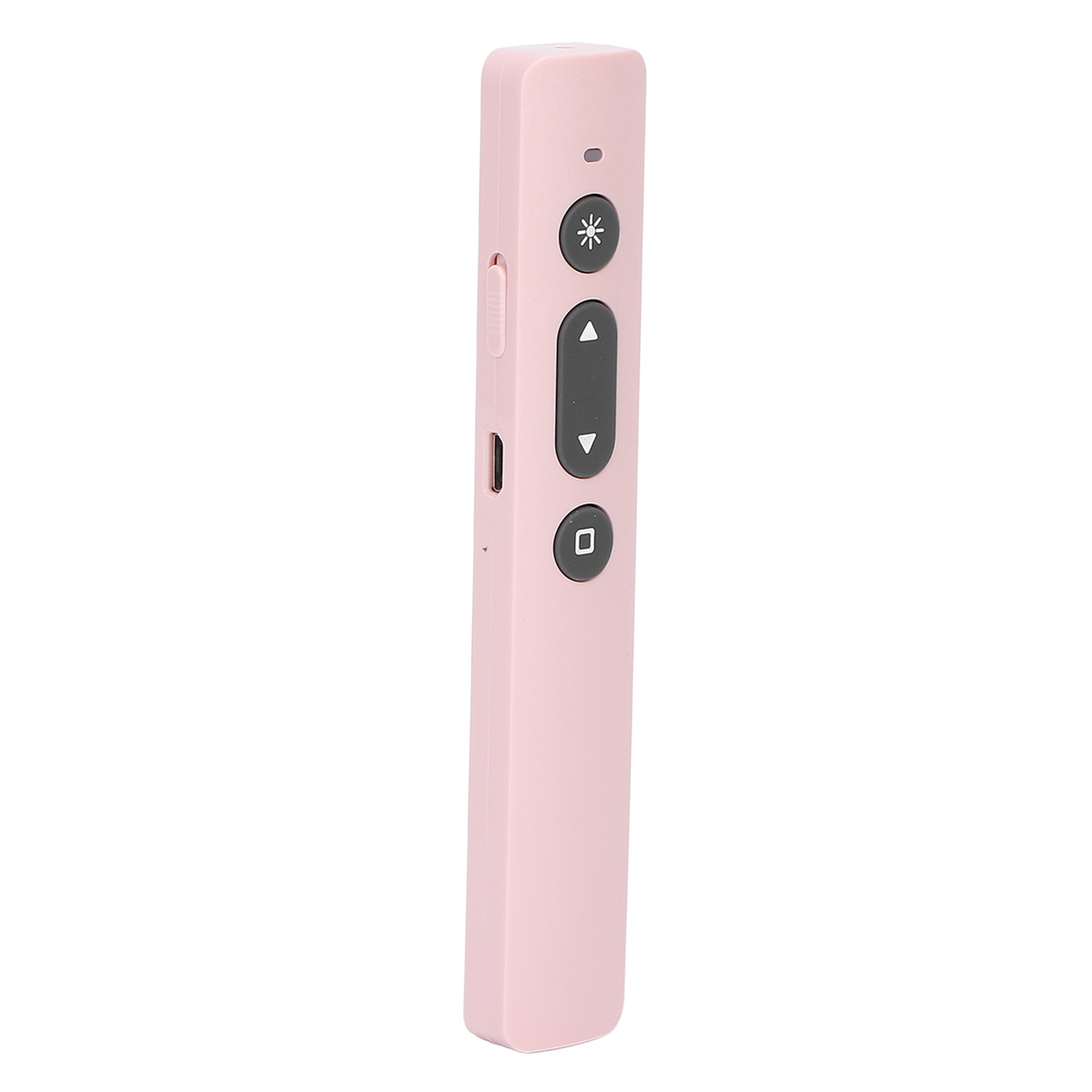 Eine rosa Präsentationsfernbedienung mit Tasten und einem Ladeanschluss.