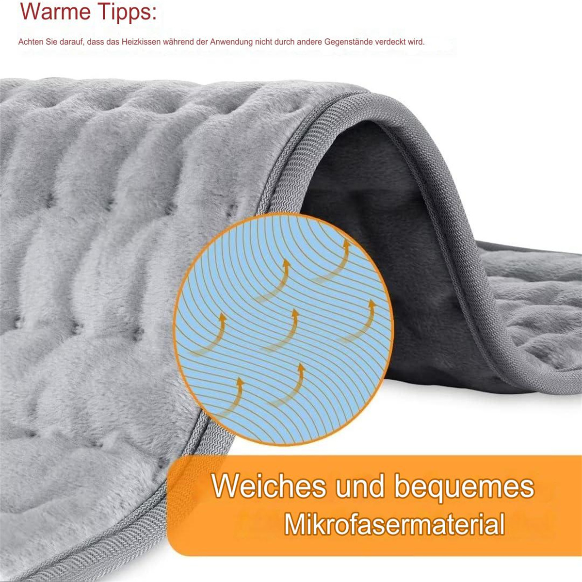Ein graues Heizkissen mit Pfeildiagramm. Text: 'Weiches und bequemes Mikrofaser...'.