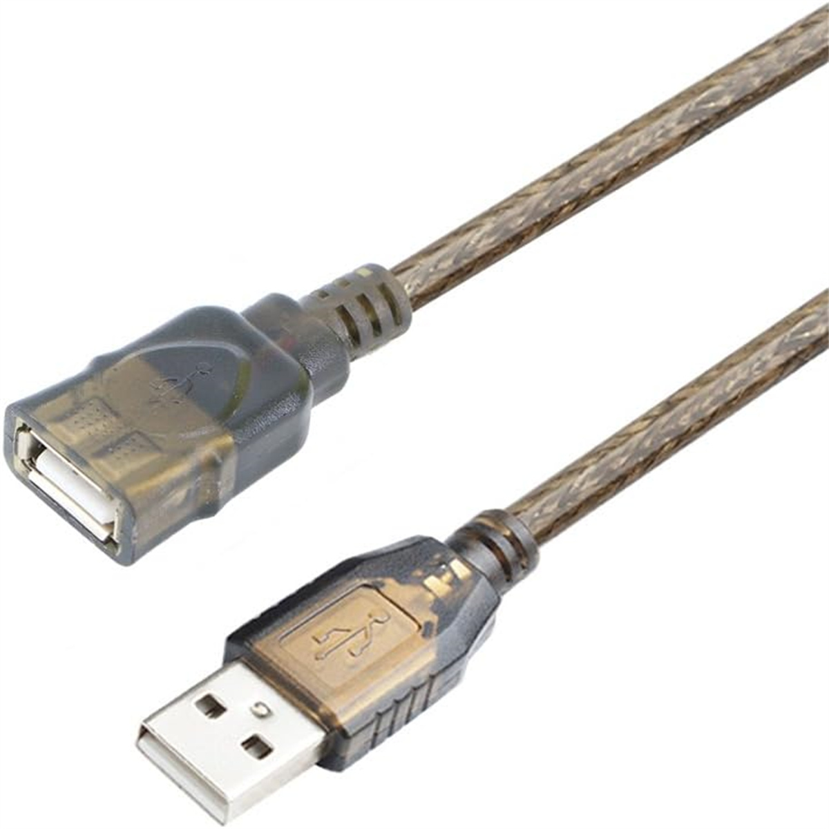 Ein USB-Kabel mit durchsichtiger Kunststoffabdeckung. Ein Ende ist USB-A.