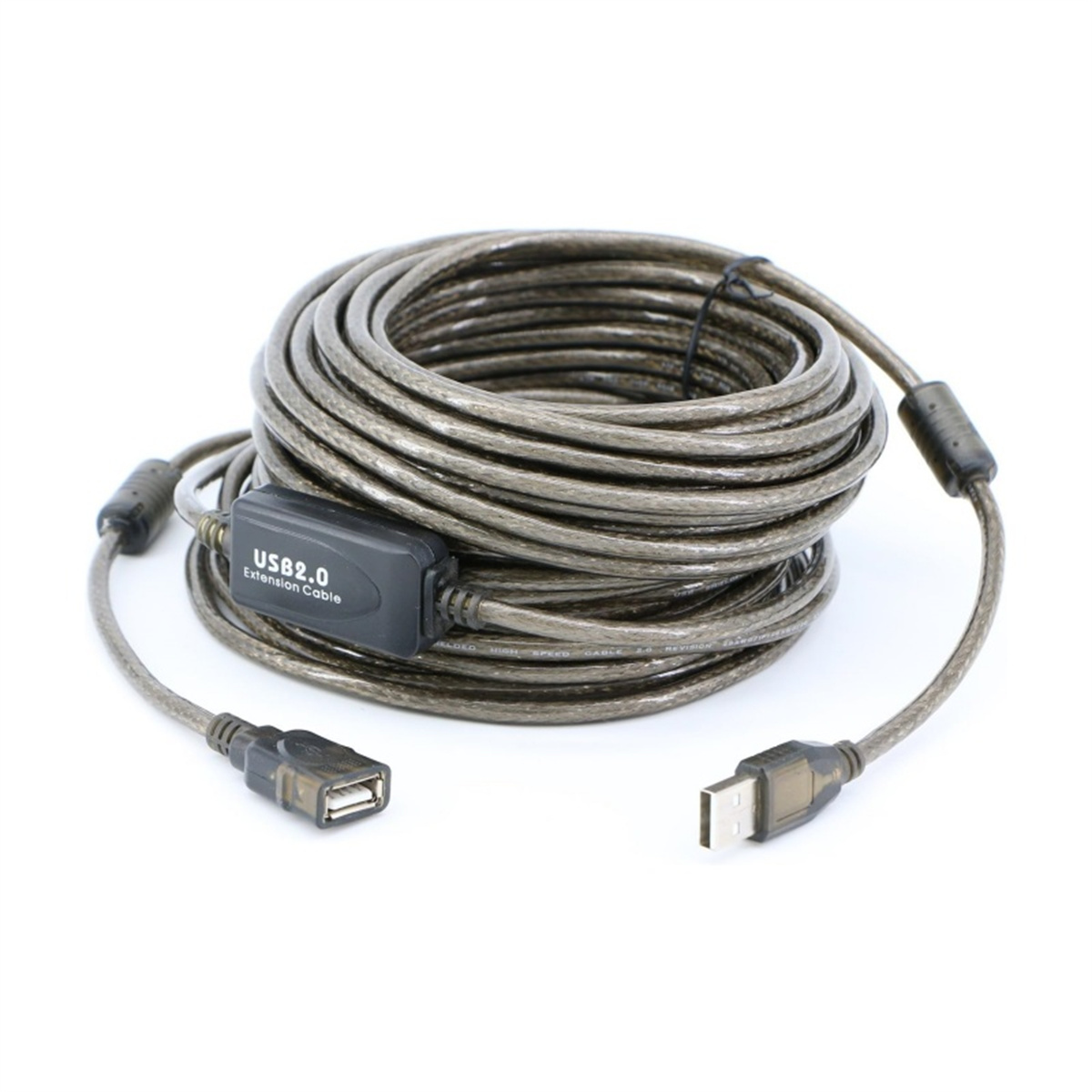 Ein aufgerolltes USB 2.0 Verlängerungskabel. Das Kabel ist grau und hat Anschlüsse.