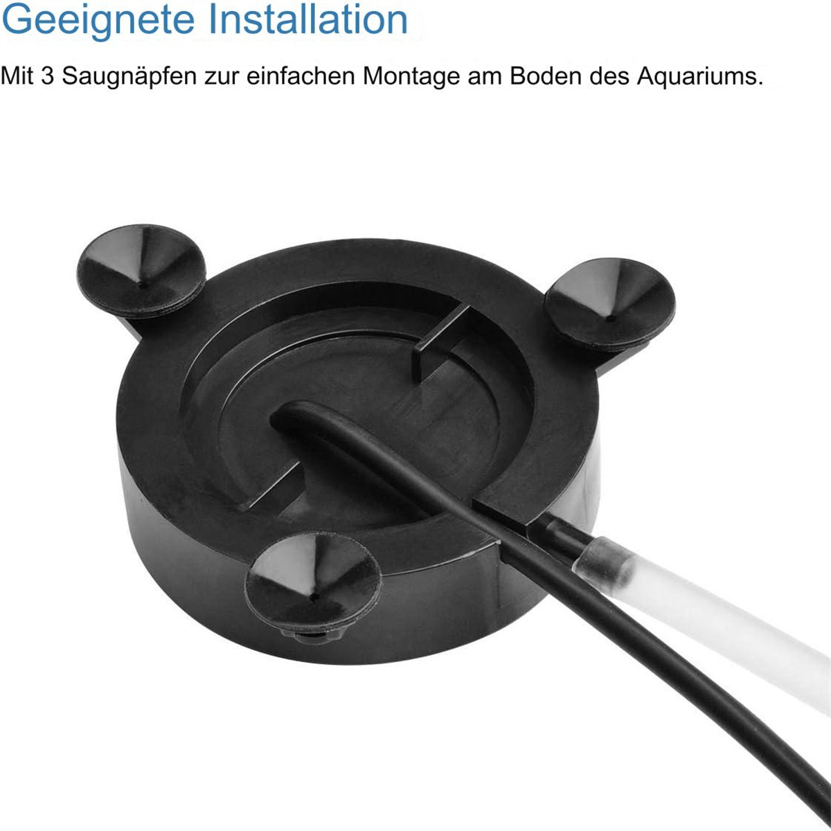Schwarzer Kunststoff-Aquarienfilter mit Saugnäpfen und Schläuchen, Nahaufnahme.