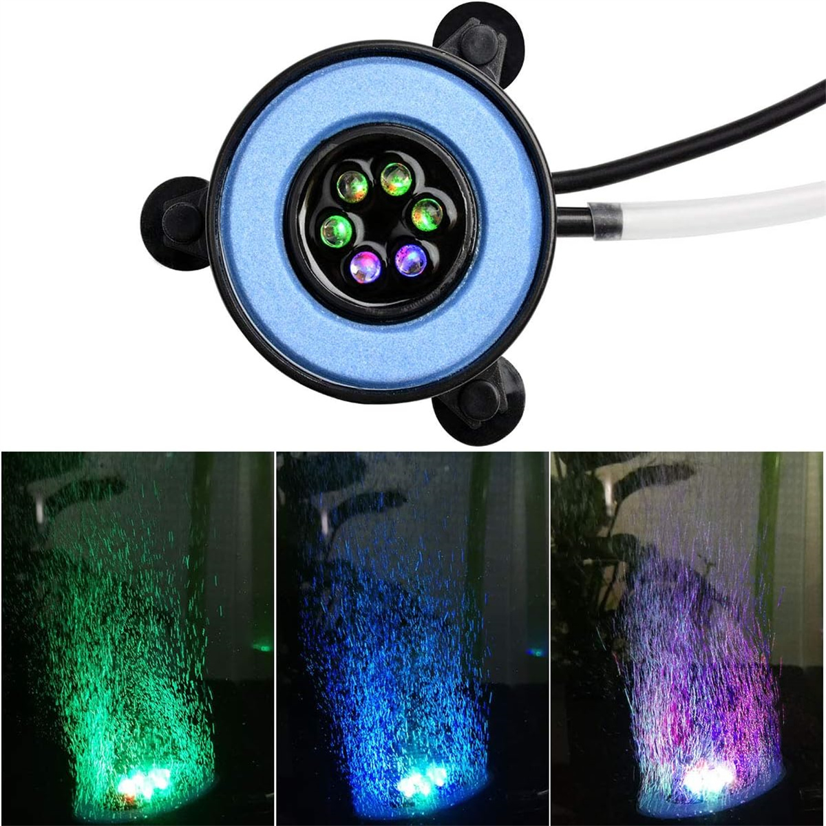 Eine Luftpumpe mit bunten Lichtern. Drei Bilder zeigen Wasser mit grünen, blauen und violetten Lichtern.