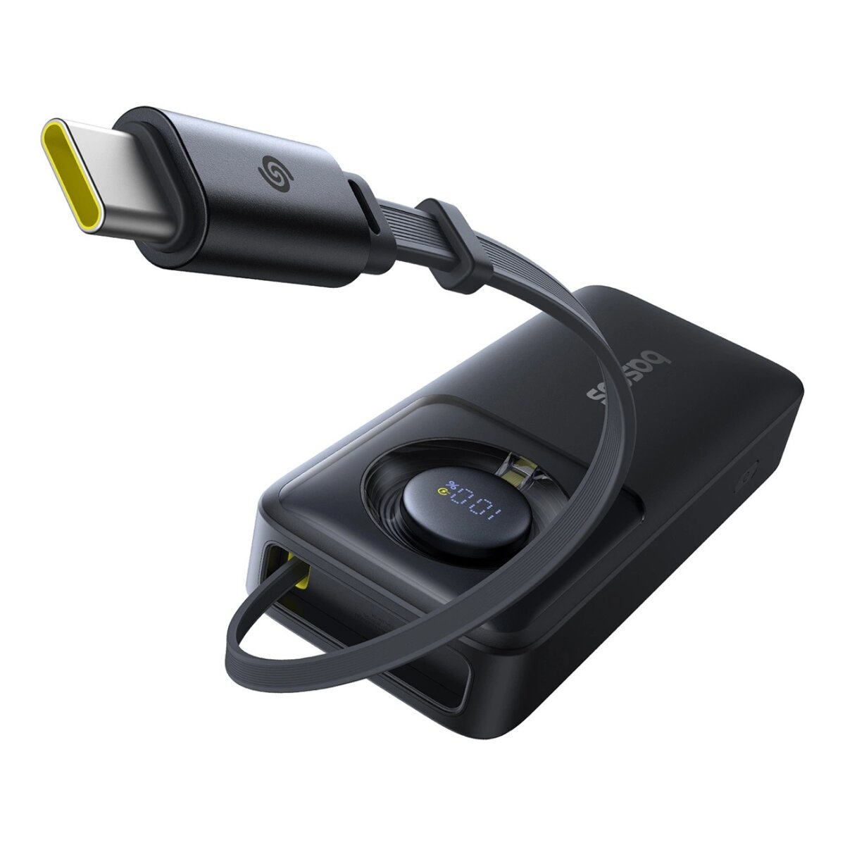 Czarny power bank z żółtym kablem USB-C. Wyświetla 100% naładowania na wyświetlaczu.