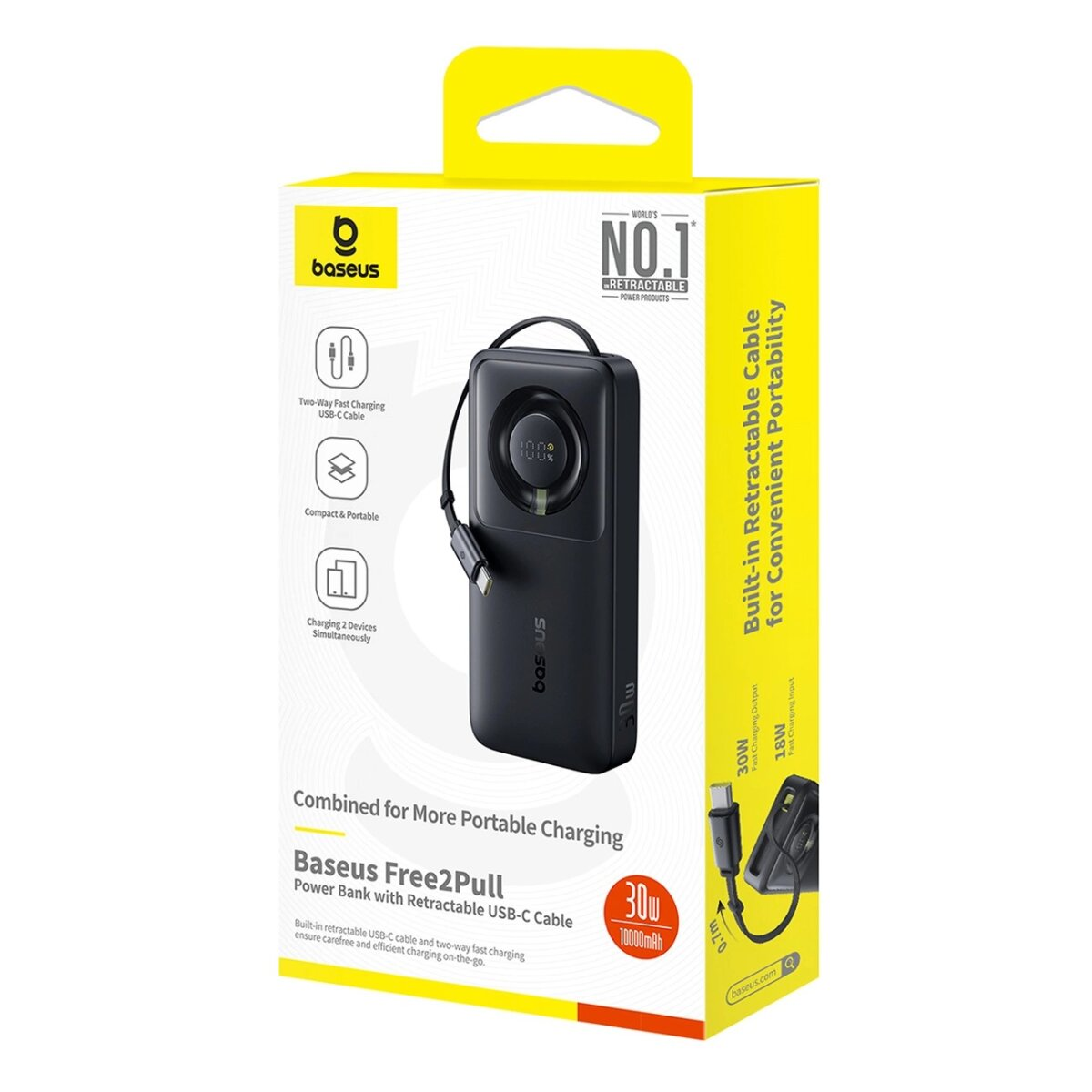 Czarna przenośna ładowarka w żółtym pudełku. Posiada kabel USB-C i informacje o ładowaniu na pudełku.