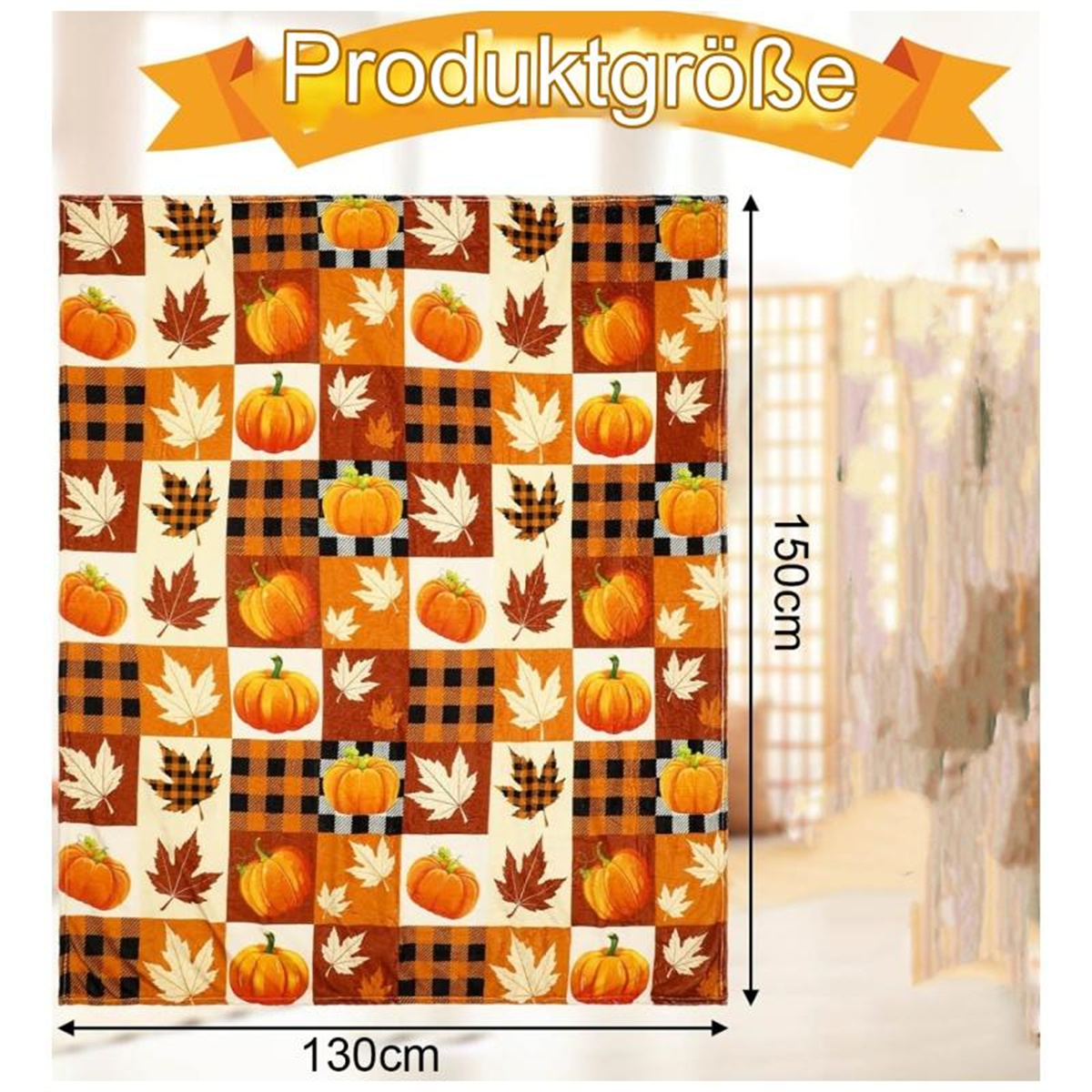 Eine quadratische Decke mit Kürbis- und Blättermuster in Orange und Braun. Größe ist 130x150cm. Label sagt Produktgröße.