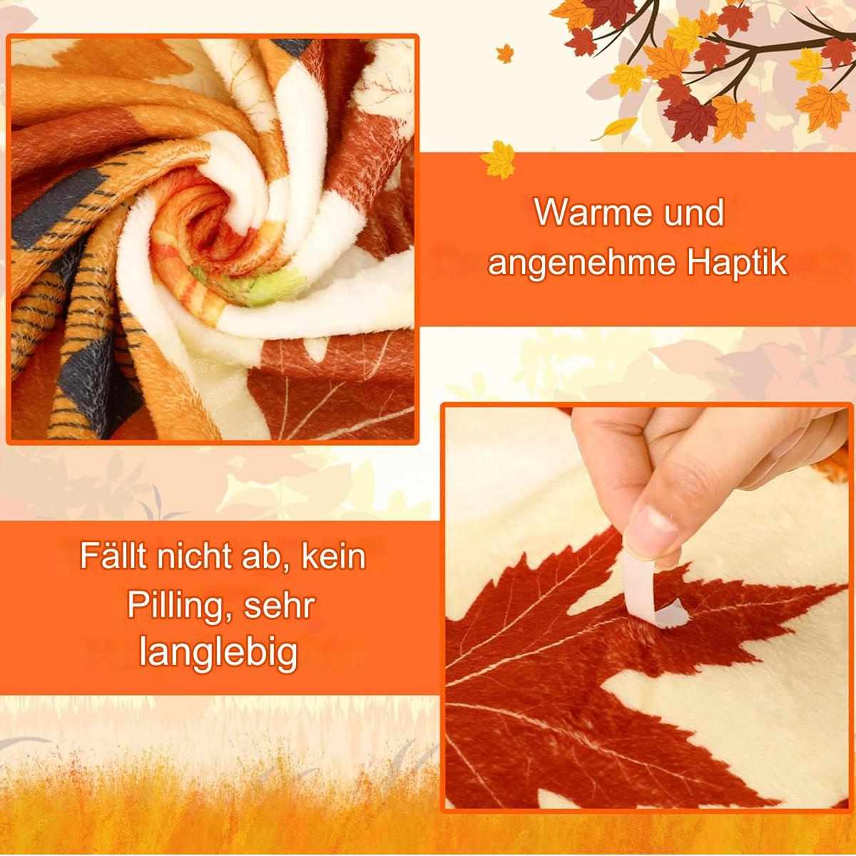 Eine Decke mit Herbstblattmuster und Text in Deutsch über ihre Textur.