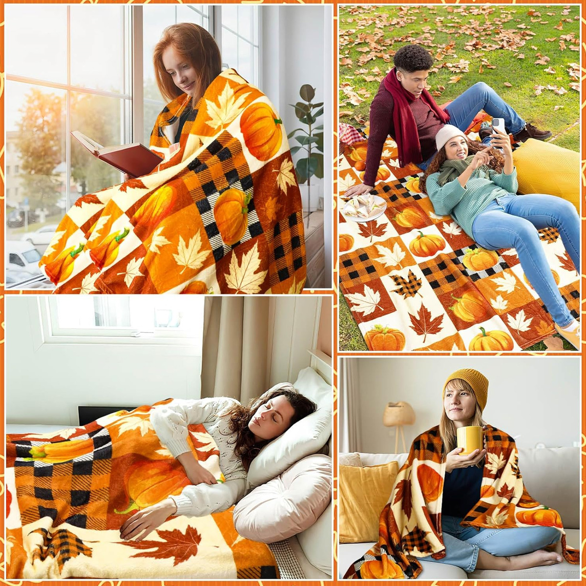Collage von Menschen mit orangefarbenen Decken mit Kürbis-Motiven. Sie lesen Bücher, picknicken und entspannen drinnen.