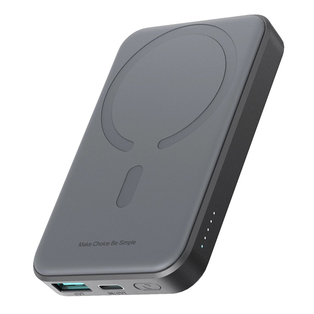 Graue tragbare Powerbank mit kabellosem Ladekreis. Sie hat den Text 'Make Choice Be Simple' und Ladeanschlüsse.