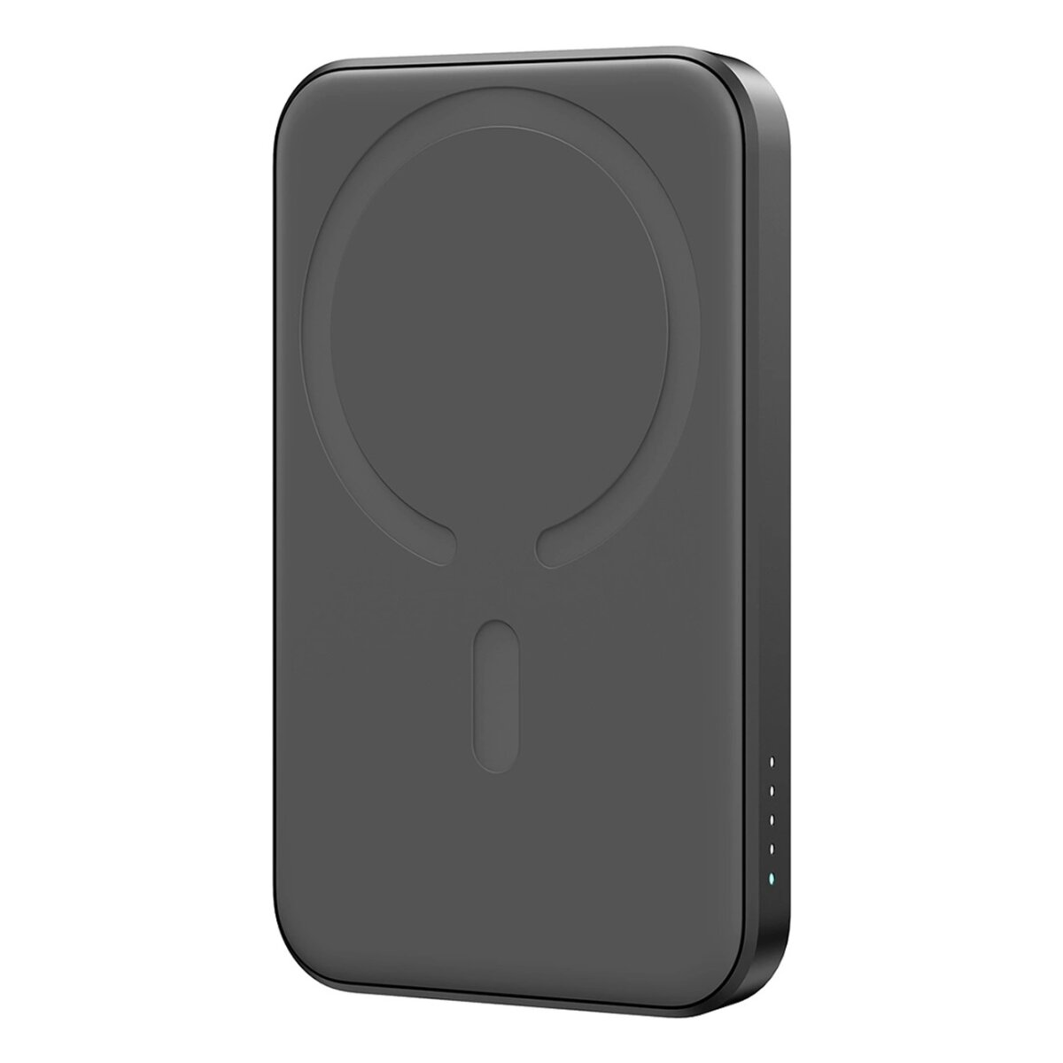 Eine schwarze, rechteckige Powerbank mit kreisförmiger magnetischer Ladefläche, mit Batteriestandsanzeigen.