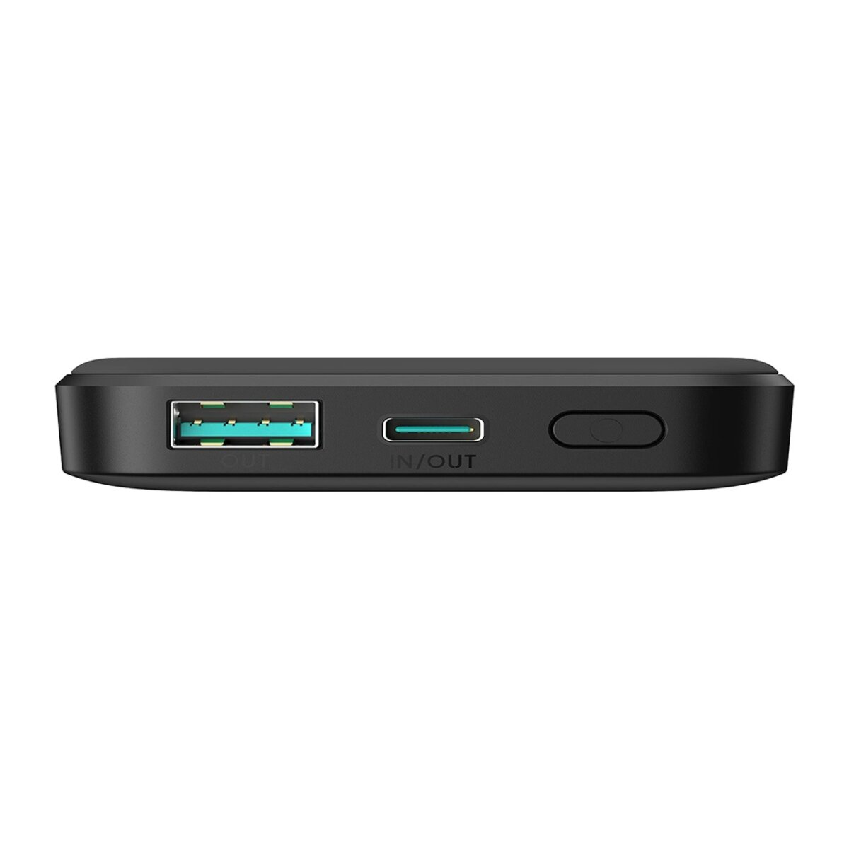 Schwarze Powerbank mit USB- und USB-C-Anschlüssen.