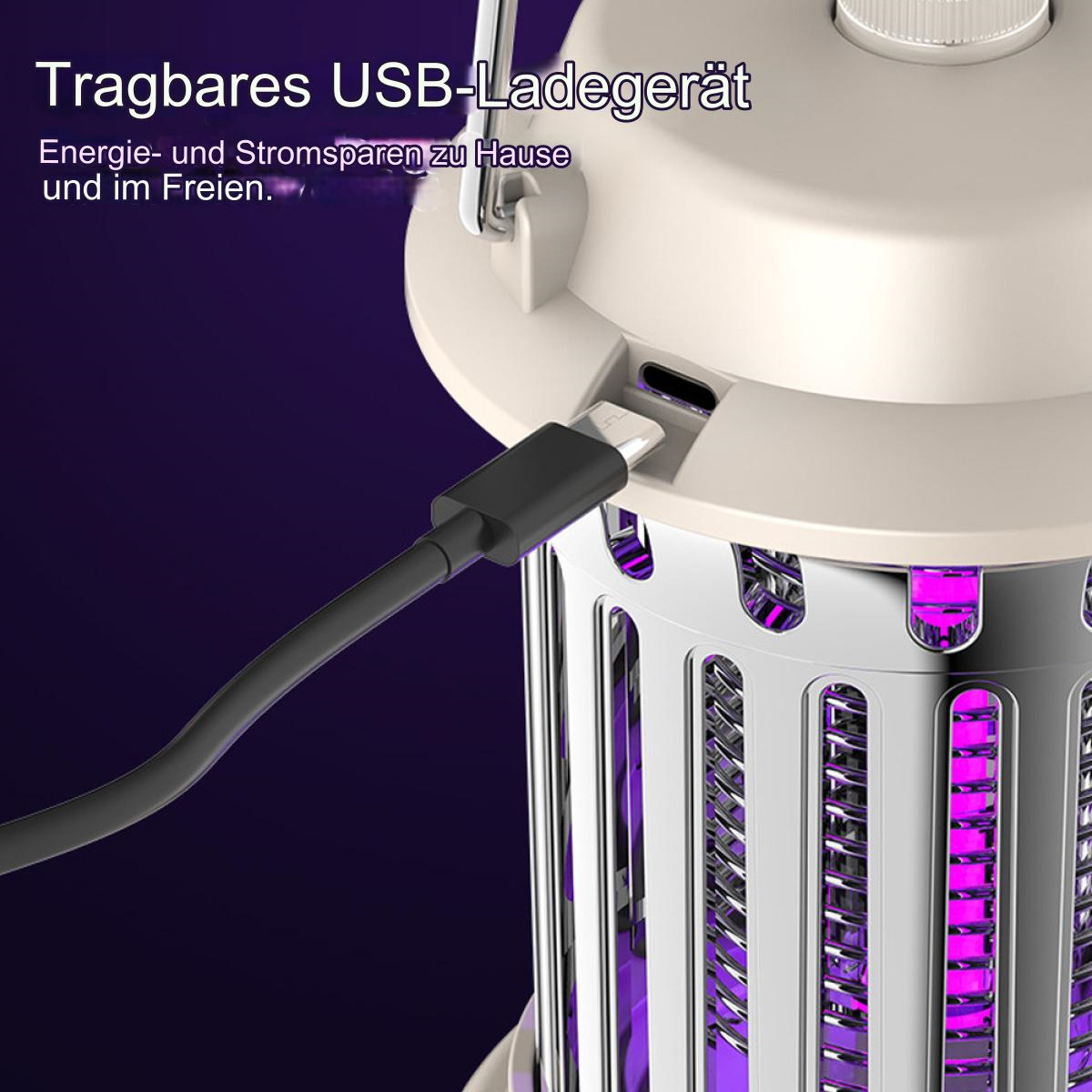 Tragbares USB-Ladegerät mit eingestecktem schwarzem Kabel. Es emittiert lila Licht.