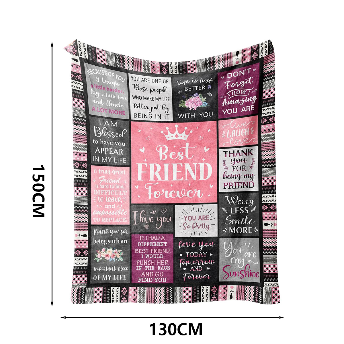 Eine bunte Decke mit Text über Freundschaft. Rosa und schwarze Muster umgeben den Text.