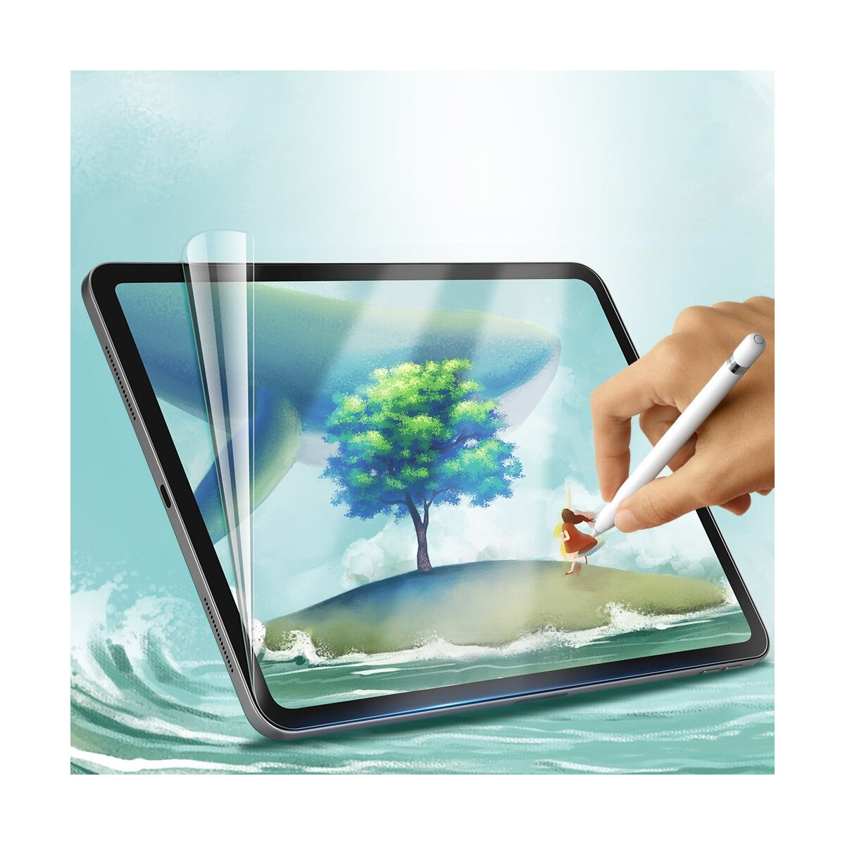 Tablet mit aufgebrachter Displayschutzfolie. Stift in der Hand. Illustration im Hintergrund.