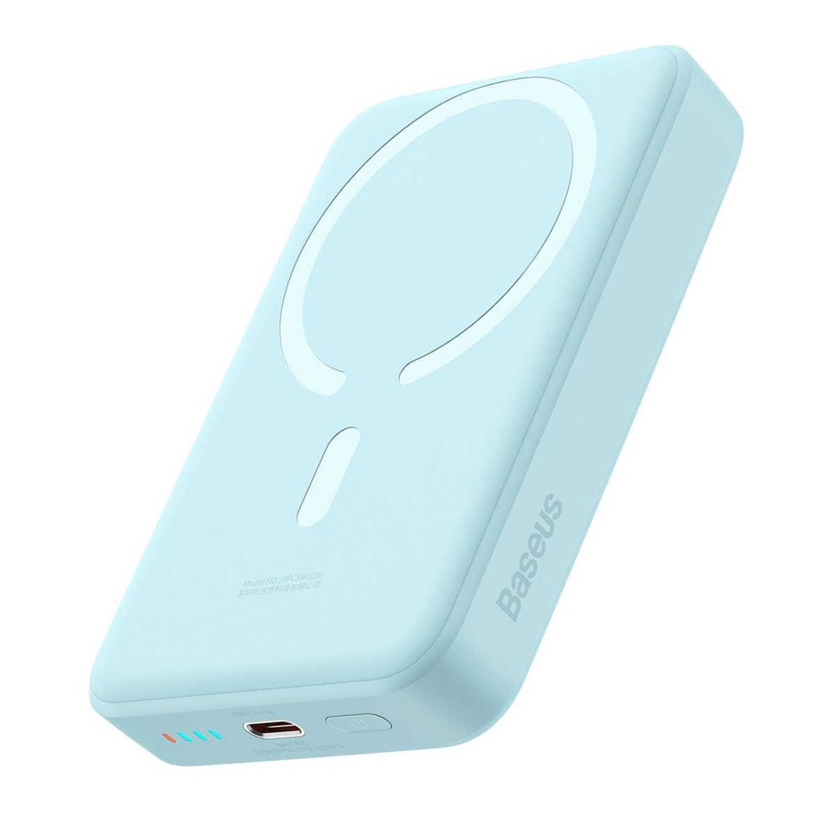 Power bank Baseus azzurro chiaro con area di ricarica circolare.