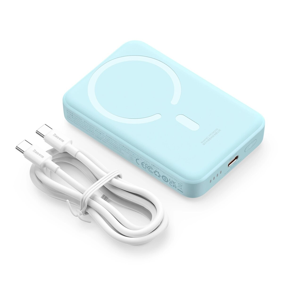 Power bank azzurro chiaro con cavo di ricarica bianco. Design circolare in alto.