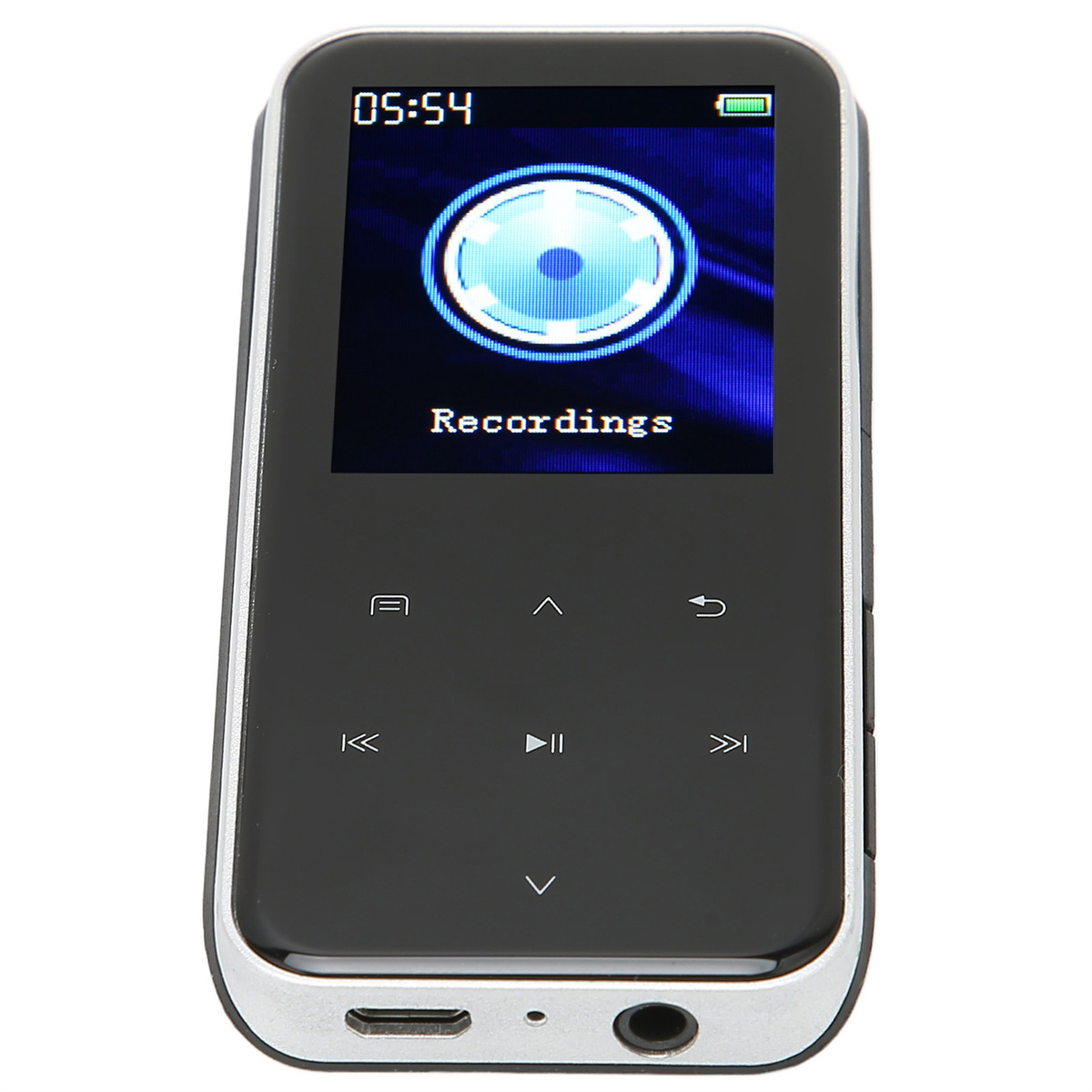 Schwarz-silberner MP3-Player, der 'Aufnahmen' auf dem Bildschirm zeigt, mit Wiedergabesteuerung.