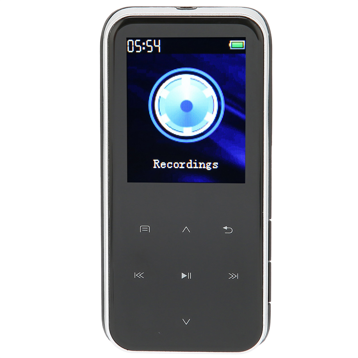 Schwarzer MP3-Player mit Bildschirm, der die Uhrzeit und ein Aufnahme-Symbol zeigt.