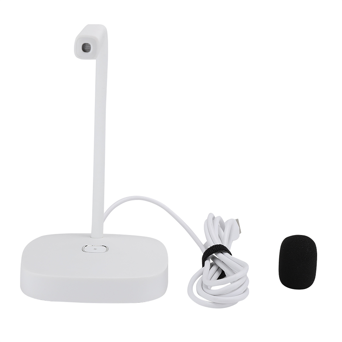 Ein weißes Mikrofon mit Ständer und schwarzem Schaumstoffbezug. Ein weißes Kabel ist mit einer rechteckigen Basis verbunden.