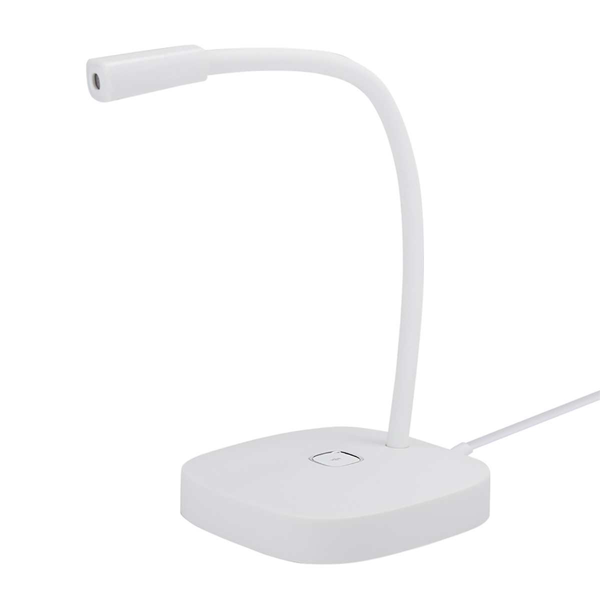 Eine weiße Schreibtischlampe mit gebogenem Hals und kleinem, rundem Leuchtkopf auf weißer Basis.