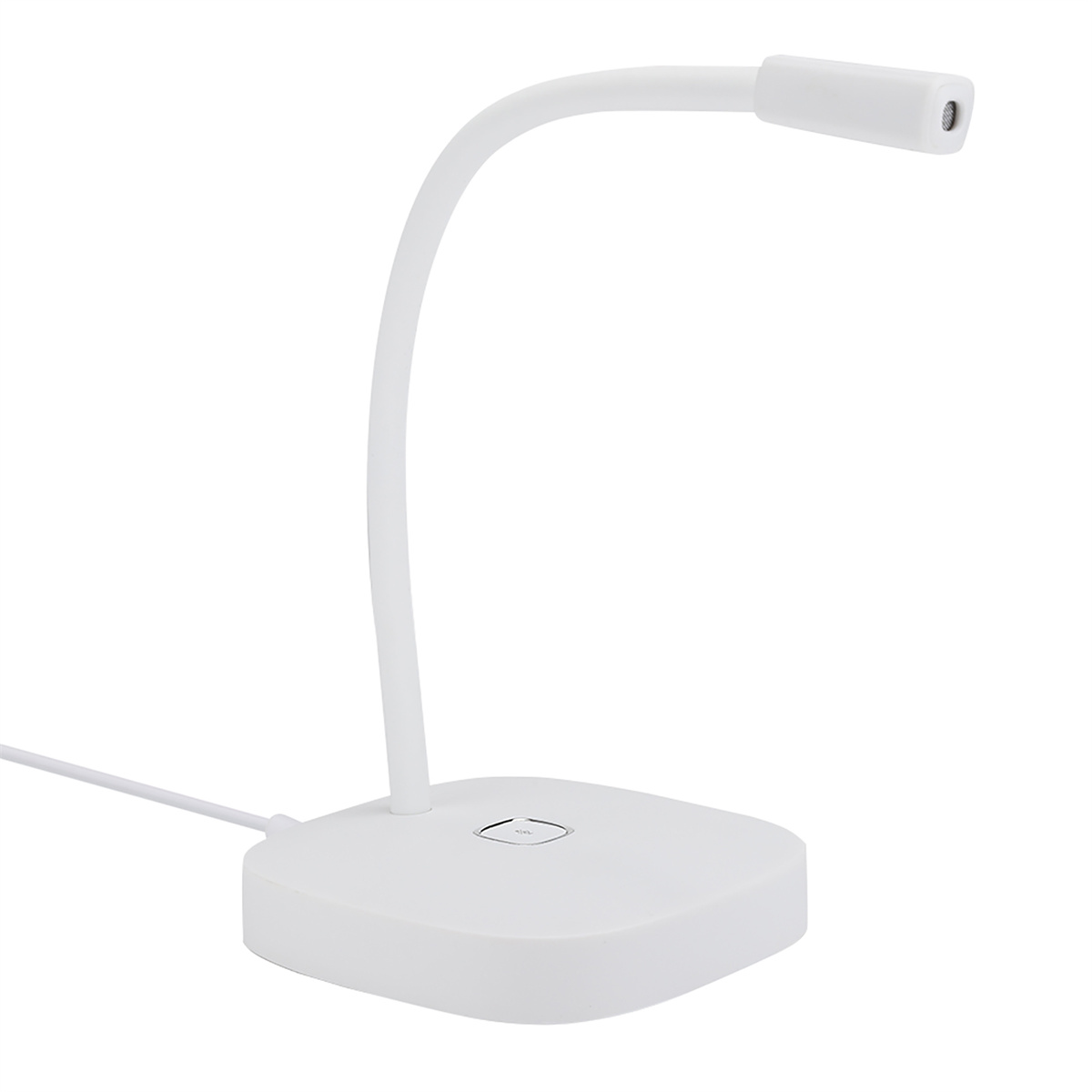 Eine weiße Schreibtischlampe mit gebogenem Hals und quadratischer Basis, auf weißem Hintergrund.