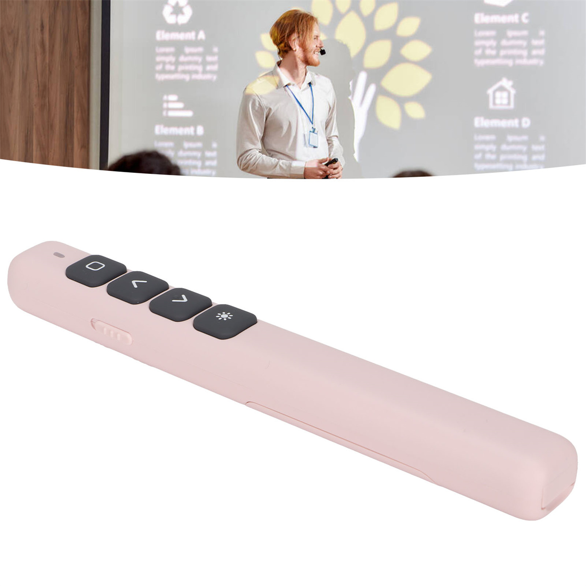 Eine rosa Präsentationsfernbedienung mit 4 Tasten. Im Hintergrund ist ein Präsentator zu sehen.