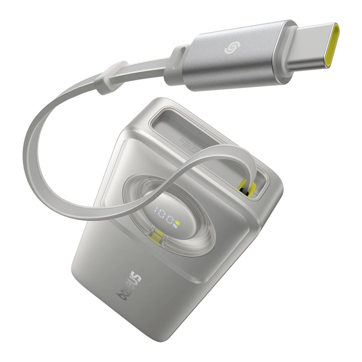 Biały i srebrny power bank z kablem i złączem USB-C. Pokazuje 100% naładowania i logo Baseus.