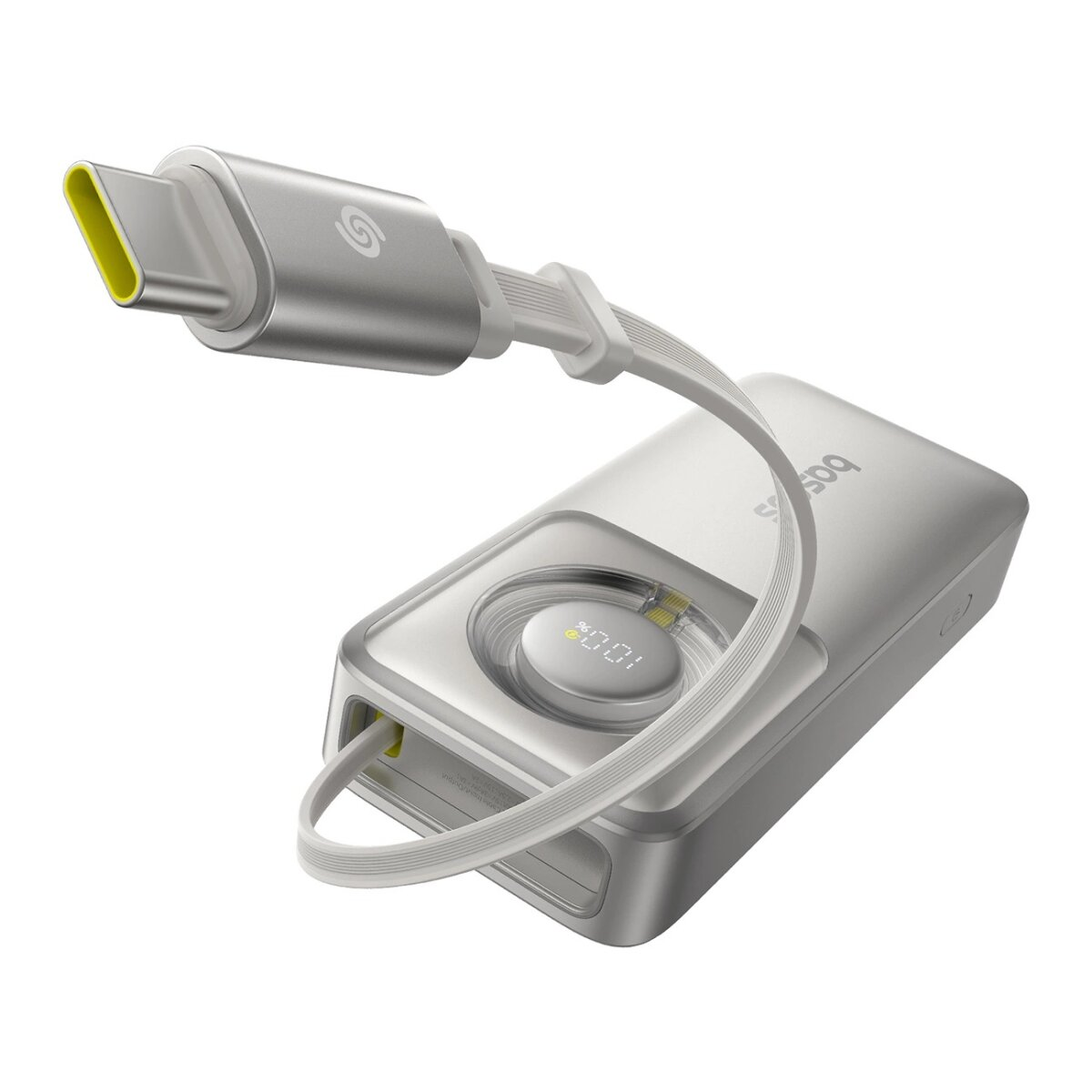 Srebrny power bank z kablem USB-C, żółtym złączem i wyświetlaczem.