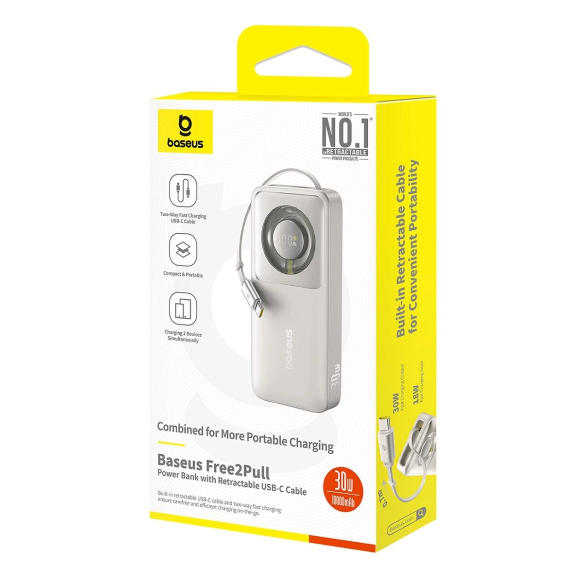 Biały power bank w opakowaniu, z chowanym kablem USB-C i szczegółami ładowania.