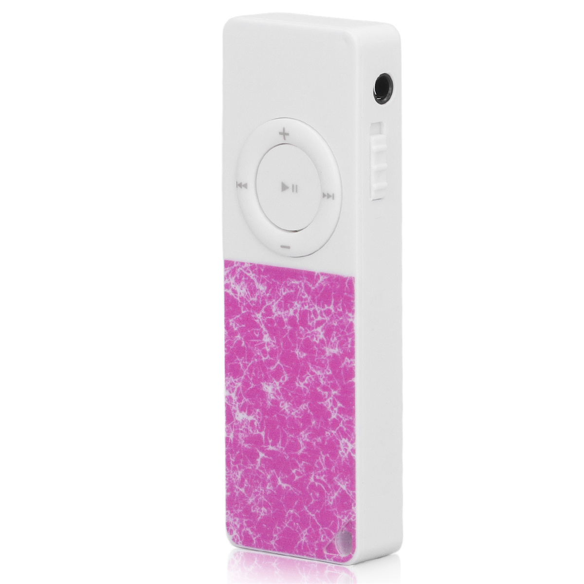 Weißer MP3-Player mit rosa Marmordesign am Boden, auf weißem Hintergrund.