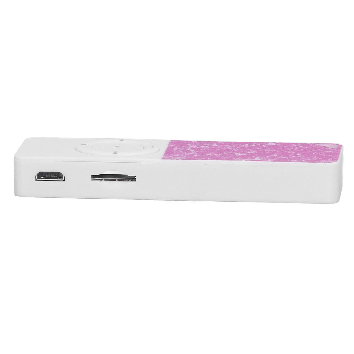 Ein weißes Gerät mit rosa Oberteil und Anschlüssen. Es hat einen USB- und SD-Kartensteckplatz.