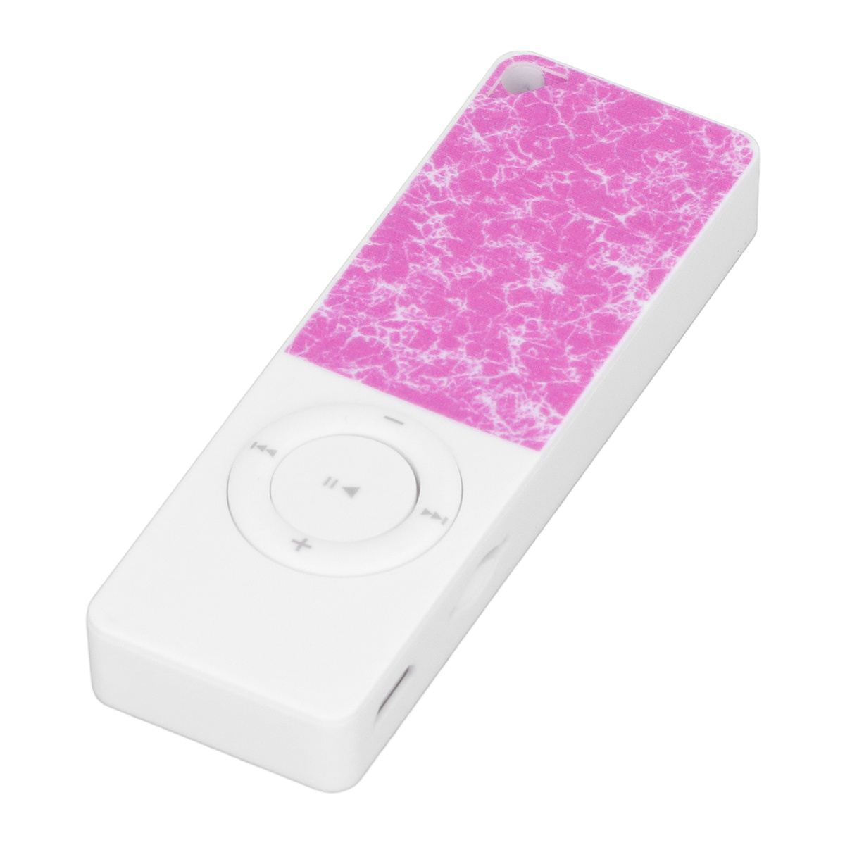 Ein weißer MP3-Player mit pinkfarben gemusterter Oberseite, mit Bedienelementen.