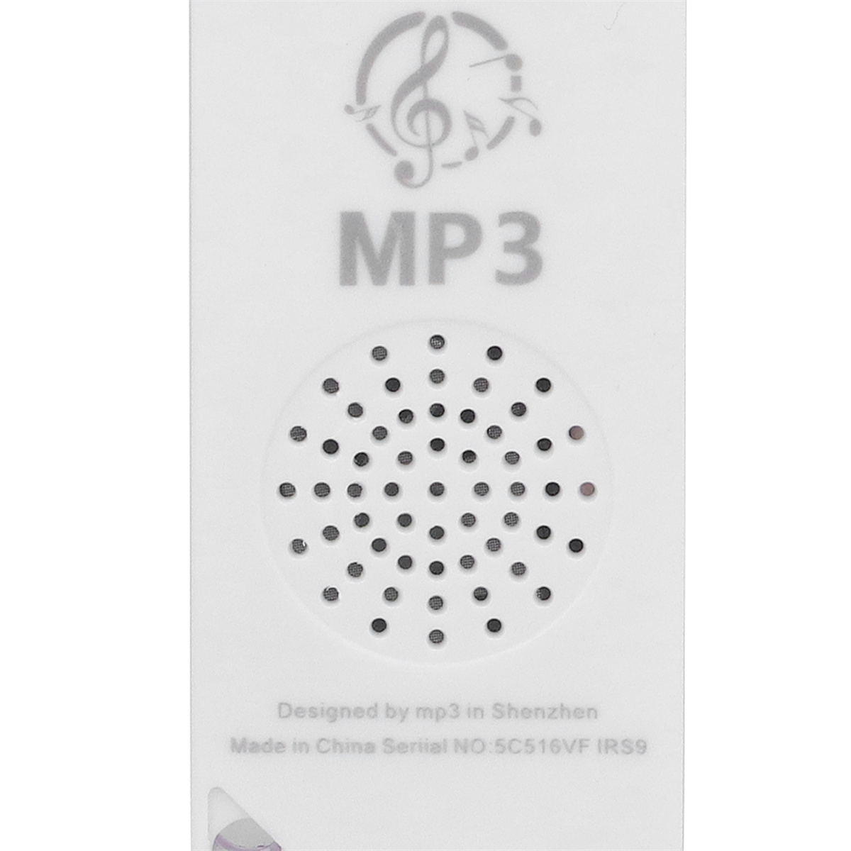 Weißer MP3-Player mit Lautsprecher, Musiksymbol und dem Wort MP3.