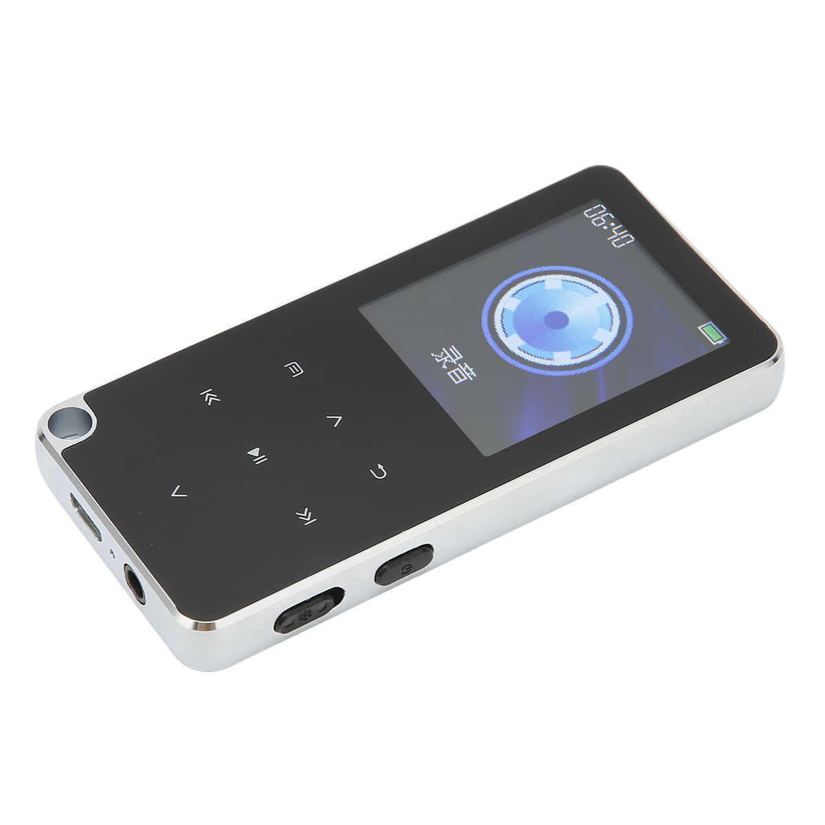 Ein schwarzer MP3-Player mit Bildschirm und Steuertasten.