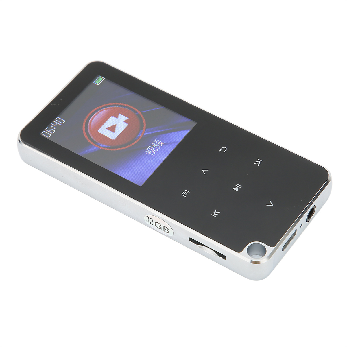 Schwarzer und silberner MP3-Player mit einem Bildschirm, der 06:40 und ein Videosymbol anzeigt.