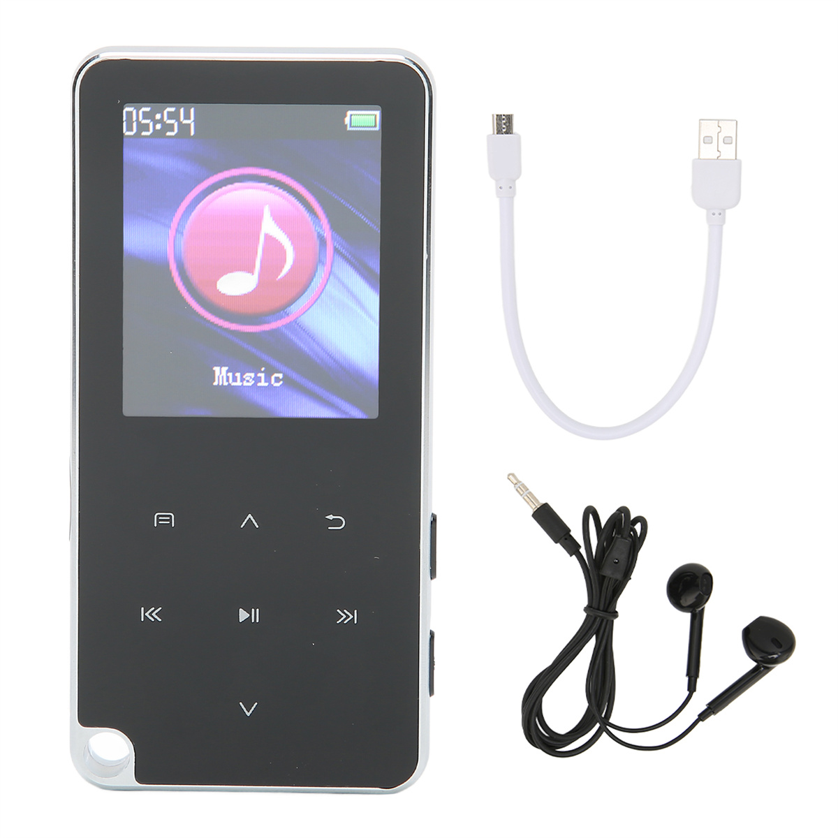 Ein schwarzer MP3-Player mit Bildschirm, Knöpfen, Kopfhörern und einem Ladekabel.