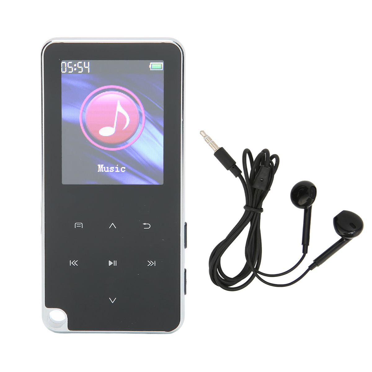 Ein schwarzer MP3-Player mit Bildschirm, der ein Musiknoten-Symbol und Kopfhörer zeigt.