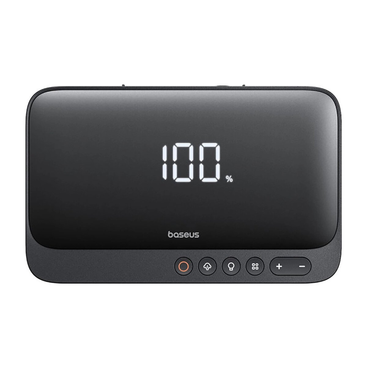 Czarny power bank z wyświetlaczem 100% naładowania i przyciskami sterowania.