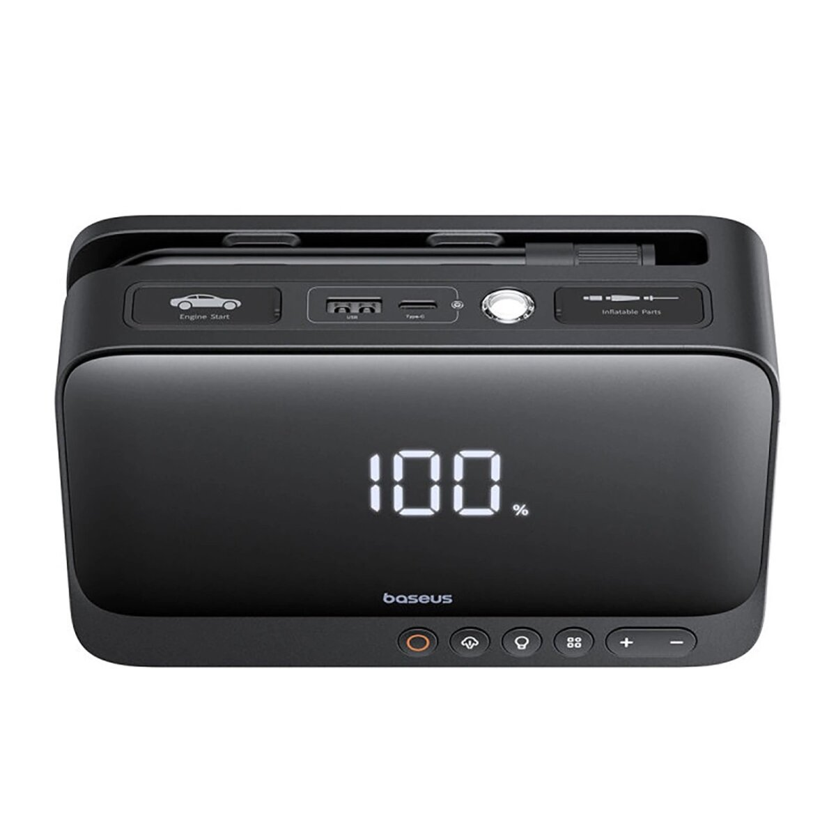 Czarne urządzenie z cyfrowym wyświetlaczem pokazującym 100%. Ma kilka przycisków i tekst wskazujący funkcje.