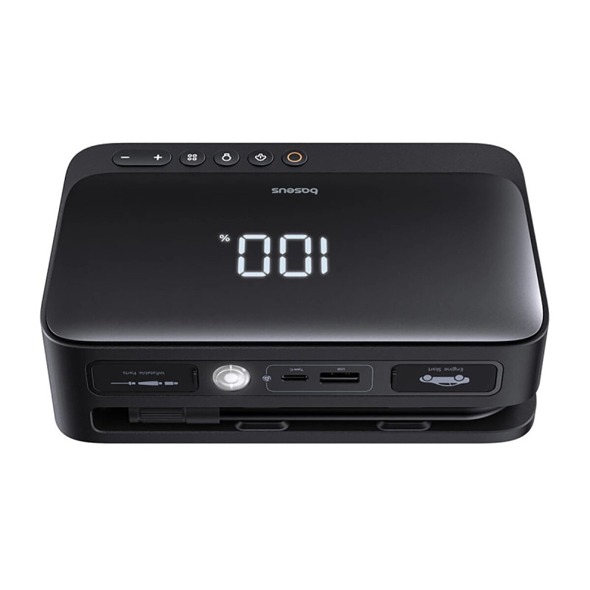 Czarny power bank z cyfrowym wyświetlaczem pokazującym 100% z różnymi portami.