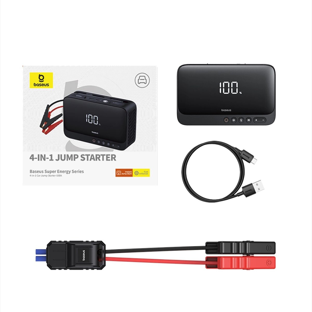 Czarny rozrusznik samochodowy z akcesoriami. Również czarny power bank.