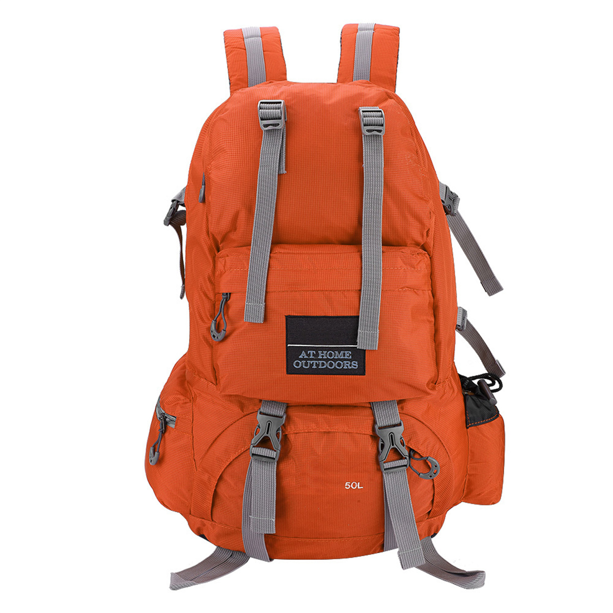Ein orangefarbener Rucksack mit grauen Trägern, mehreren Taschen und 50L Fassungsvermögen.